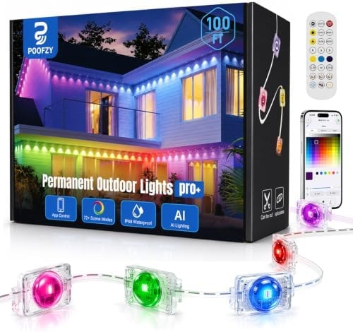 POOFZY Permanent Outdoor Lights 100FT, RGB+IC Smart Outdoor Lights for House, App & Voice Control, Waterproof Outdoor Eave Lights for Christmas Holiday Patio Yard Decor