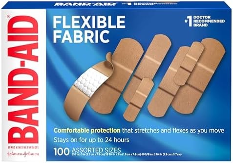 BAND-AID Brand Flexible Fabric Adhesive Bandages, Comfortable Sterile Protection & Wound Care for Minor Cuts, Scrapes & Burns, First Aid Kit Essential, Non-Stick Hurt-Free Pad, Assorted Sizes, 100 Ct