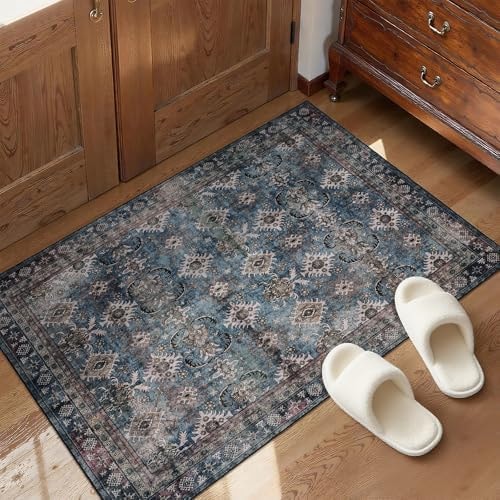 Small Vintage Rug Entryway 2x3: Blue Easy to Clean Mat in High Traffic Area