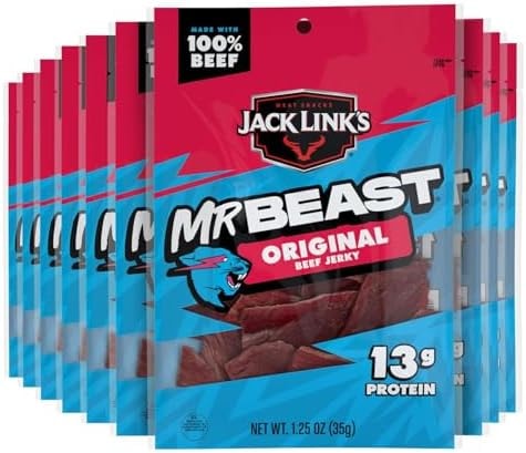 Jack Link's x MrBeast Original Beef Jerky - (10 Pack) 1.25 oz Bags - Ready to Eat Protein Snacks - 13g Protein per Serving - Made with 100% Real Beef
