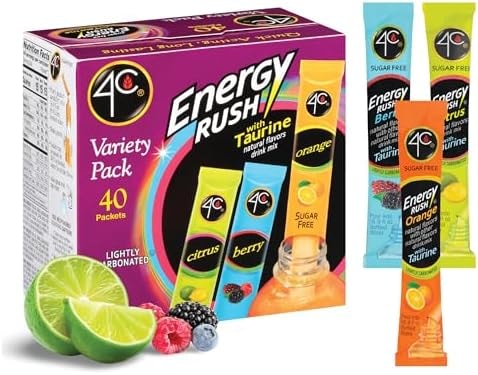 4C Energy Rush Stix, Variety 1 Pack, 40 Count, Single Serve Water Flavoring Packets, Sugar Free with Taurine, On the Go Bundle (20 Berry, 10 Orange, 10 Citrus)