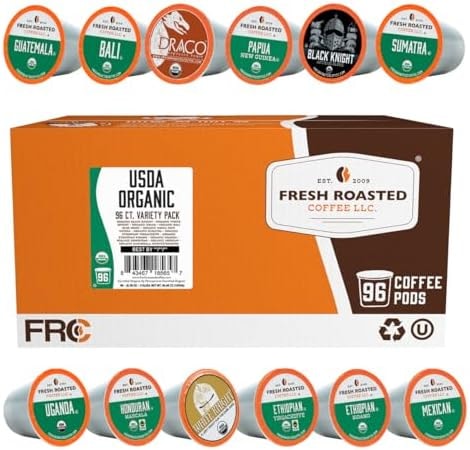 Fresh Roasted Coffee, Organic Single Origin Variety Pack K-Cup Pods for Keurig Brewers, Medium Roast, USDA Organic, Kosher, 96 Count Loose Pack