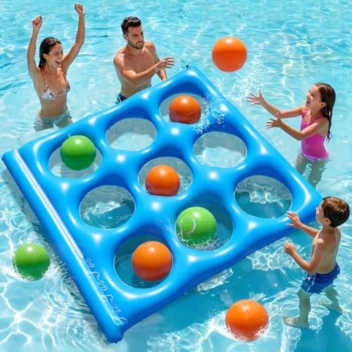 Ksheat Giant Tic-Tac-Toe Pool Toys Games Set, Inflatable Pool Tic-Tac-Toe Game Float with 10 Balls, 2-10 Players Floating Pool Toys for Kids, Fun Pool Games Party Beach Toy for Teens Adults & Family
