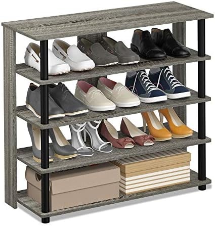 Furinno Turn-N-Tube 5 Tier Wide Shoe Rack, French Oak Grey/Black , 32 Inch