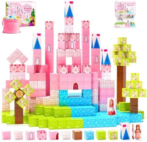Hiwawind Large Magnetic Blocks 64Pcs (1-Inch), Princess Castle Building Toys, Birthday Gifts for 3 4 5 Year Old Girls, STEM Toddler Travel Toys for Age 3-8