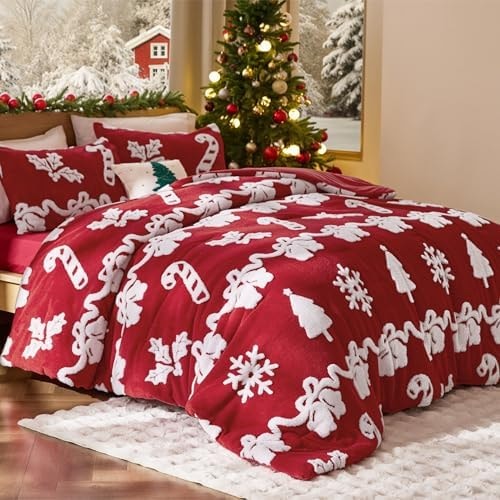 Bedsure King Winter Christmas Comforter Set, Red Fluffy Fleece Bedding