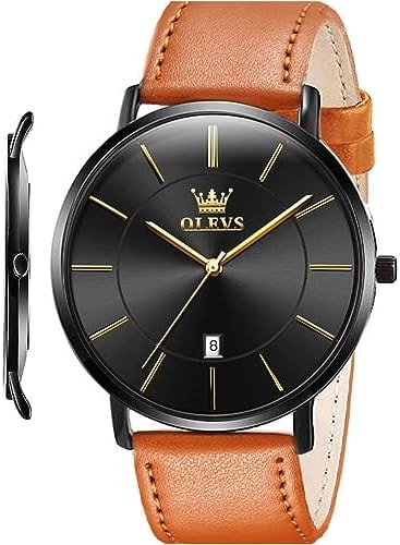 OLEVS Men Leather Watches Black Ultra Thin 6.5mm Minimalist Dress Fashion Simple Casual Waterproof Date Watch for Men