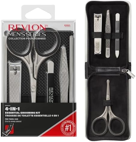 Revlon Men's Grooming Kit, 5-Piece Travel Essentials Set, Includes Nail Clippers, Scissors, File, Tweezers and Carrying Case, Stainless Steel, 1 count
