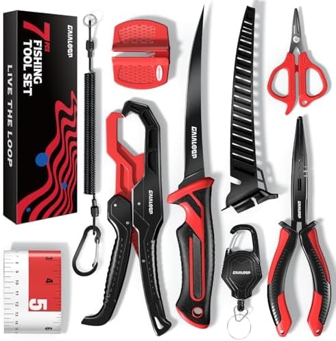 Fishing Tools Kit, 7pc Fishing Pliers Kit with Fillet Knife, Split Ring Pliers, Braid Scissors, Fish Gripper, Ruler, Sharpener & Lanyard, Saltwater & Freshwater Fishing Gear & Fishing Gifts for Men