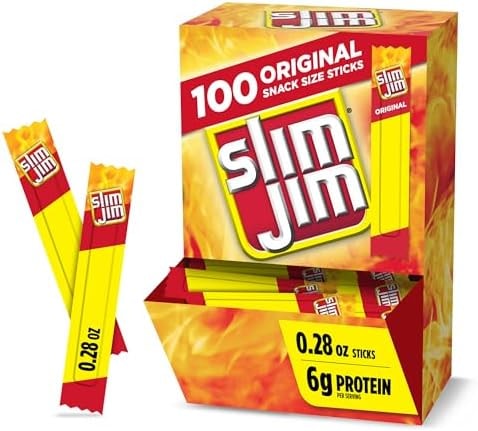 Slim Jim Smoked Meat Sticks, Original Flavor, 6g Protein Per Serving, Snack Size, 0.28 oz. (100 Count)