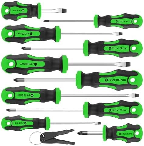 Amartisan 10-Piece Magnetic Screwdrivers Set, 5 Phillips and 5 Slotted Tips Professional Cushion Grip Screwdriver Set 2pcs Portable Multifunction Key Mini Screwdriver (Green)