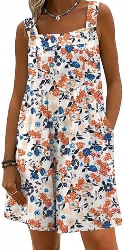 Ekouaer Rompers for Women Floral Overalls Short Jumpsuit Boho Vacation Outfits Travel Clothes Floral Orange M
