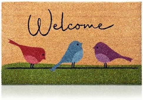 AMARU DOOR MATS - Coir Welcome Mat, Non-Slip, Colorful Birds, 17 x 29 in