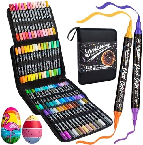 120 Colors Acrylic Paint Markers, 60 Pack Dual-Color Brush Tip Paint Pens, Quick-Drying Waterproof No Bleed Markers for Rock Painting, Glass, Wood, Plastic, Metal, DIY Crafts & Easter Basket Stuffers