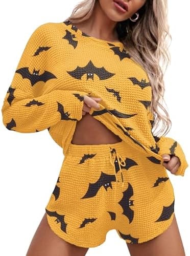 Ekouaer Womens Waffle Knit Pajama Sets Long Sleeve Top and Shorts Matching Lounge Set Loungewear Sweatsuit with Pockets