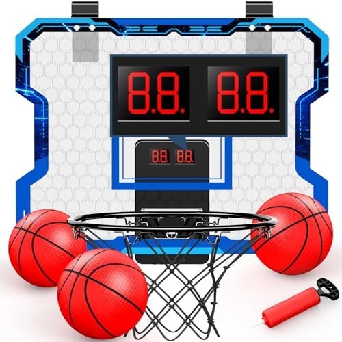 Antaha Indoor Basketball Hoop for Kids with Electronic Scoreboard, Over The Door Mini Basketball Hoop with 4 Game Modes, Breakaway Rim, 3 Balls & Pump, Basketball Toy Gift for Boys Girls Ages 6-12