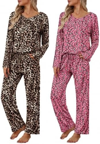 2 Pack: Women's Long Sleeve Pajama Sets - V Neck Top and Pants Lounge sets