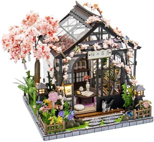 Book Nook Kit DIY Miniature Dollhouse, Japanese Cherry Blossom Greenhouse 3D Wooden Puzzle, Model Building Craft Kit for Adults, Bookshelf Home Decor, Birthday Gift for Women