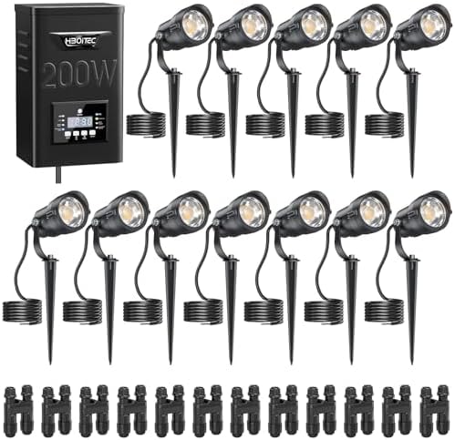 HIBOITEC 12W Landscape Lighting Kit with 200W Low Voltage Transformer, Dusk to Dawn & Timer, 2900K Wired Waterproof LED Outdoor Spotlights for Yard Garden Tree House, Wire Sold Separately, 12 Packs