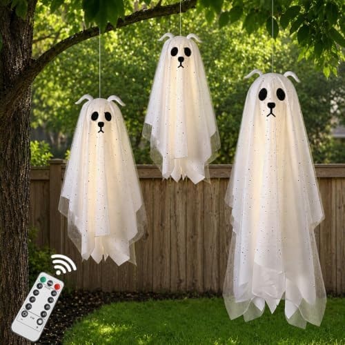 Halloween Decorations Outdoor, 3 Pack Lighted Dog Ghost Hanging Decor