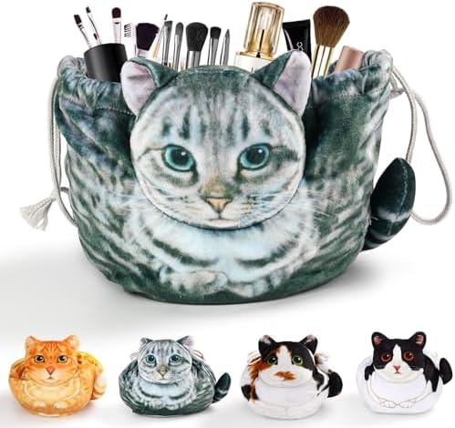 Cat Shaped Drawstring Makeup Bag for Women - Grey Tabby Cat Design Cosmetic Case