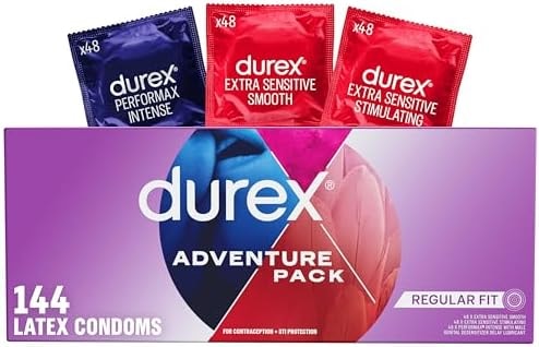 Durex Condoms Variety Adventure Pack, Mix of Durex Extra Sensitive Smooth & Stimulating & Performax Intense Ribbed & Dotted Latex Condoms, 144 Count