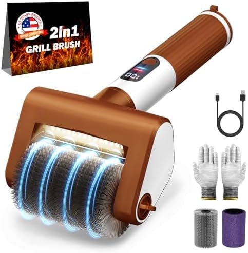VYTOOV Electric Grill Brush, 2-Speed BBQ Grill Brush with LED Light/Screen Powerful Cleaning 800RPM/4000mAh/2 Brush Heads No Bristle Shedding Rechargeable Lightweight Grill Cleaner for Outdoor/Camping