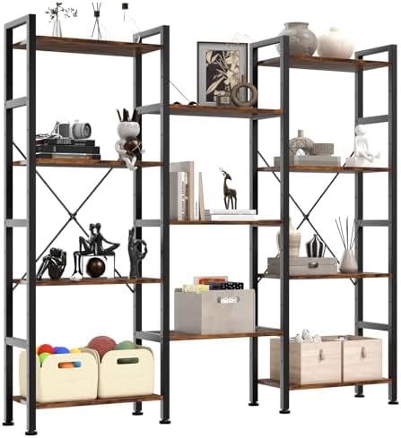 DUMOS Triple Column 4 Tier Bookshelf, Wide Industrial Bookcase, Brown