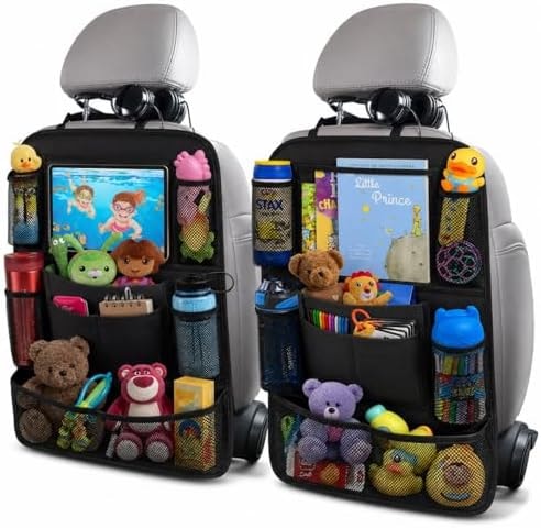 ULEEKA Car Backseat Organizer with 10" Table Holder, 9 Storage Pockets Seat Back Protectors Kick Mats for Kids Toddlers, Travel Accessories, 2 Pack (Black)