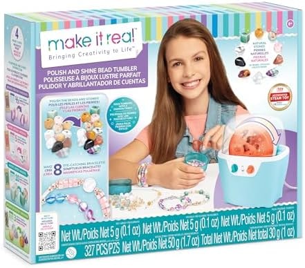Make It Real: Rock Tumbler & Polish-Shine Bead Tumbler – 327pc Jewelry Craft Kit, Natural Stone Polishing Machine, Create 8 Bead Bracelets, Tweens-Girls-Kids 8+