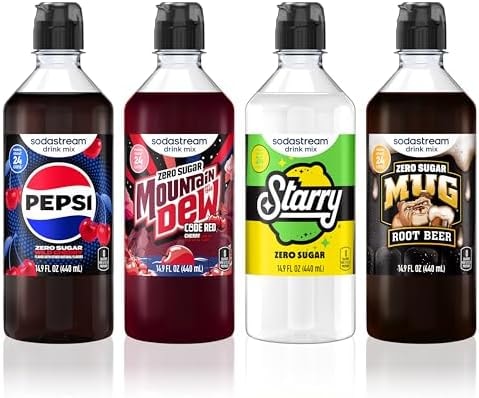 Sodastream Pepsi Wild Cherry Zero, MTN Dew Code Red Zero, Starry Zero & Mug Root Zero New Pour Bottle, Variety Pack Drink Mix for Sparkling Water Makers, Sugar Free Soda Syrup, Control Your Fizz with Sodastream Flavors, 4 x 14.9 Fl Oz (440ml) Makes about 96 Drinks Per Pack.