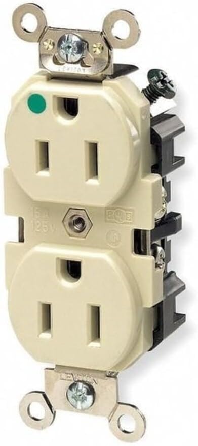 Leviton 8200-I 15 Amp, 125 Volt, Wide Body Duplex Receptacle, Straight Blade, Hospital Grade, Self Grounding, Nickel Plated Brass Strap, Ivory