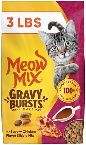 Meow Mix Gravy Bursts, Savory Chicken Flavor Mix, Gravy Filled Dry Cat Food, 3 lb. Bag