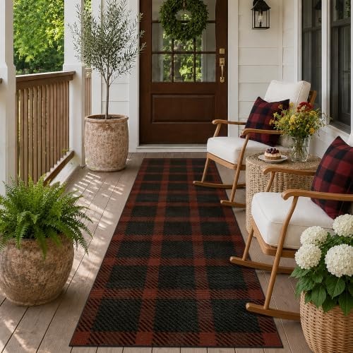 JTJ Easy Jute 2x6 Outdoor Runner Rug, Black & Red Buffalo Plaid, Washable