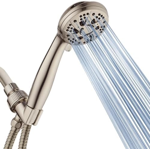 AquaDance High Pressure 6-Setting Full Brushed Nickel Handheld Shower Head with Stainless Steel Hose. Officially Independently Tested to Meet Strict US Quality & Performance Standards!
