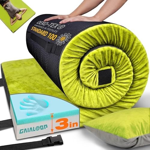 GAIALOOP 3 Inch Memory Foam Camping Mattress, Dual Layer Thick Sleeping Camp Pad for Car Tent Cot, Roll-Up Portable Glamping Floor Bed for Guests Sleepover