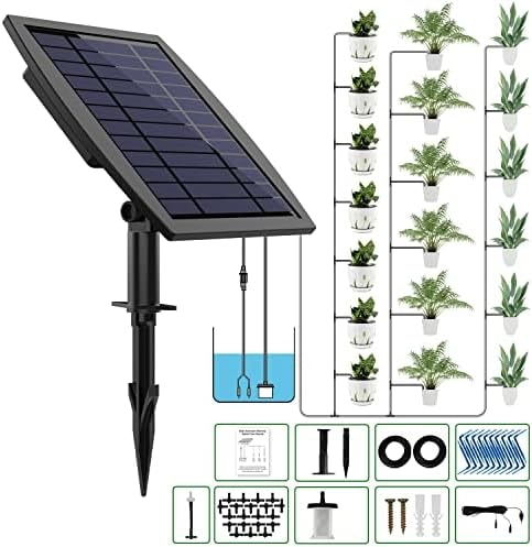Solar Automatic Drip Irrigation Kit System, JIYANG Solar Powered Auto Easy DIY Watering Device Supported Pots Plants, 12 Timing Modes with Anti-Siphoning Device (Supported 20-30 Pots, 12Timing Modes)