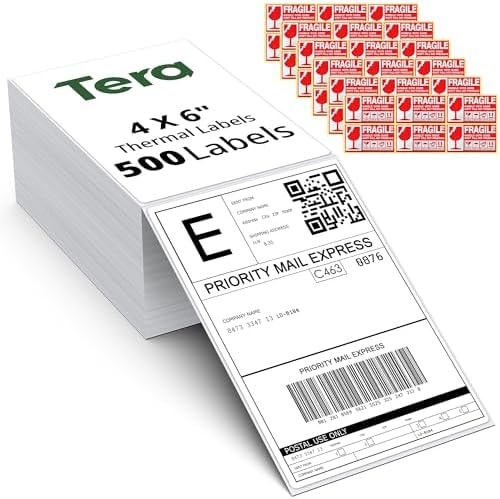 Tera Direct Thermal Labels Fanfold: 4" x 6" Shipping Labels Adhesive 500Pcs