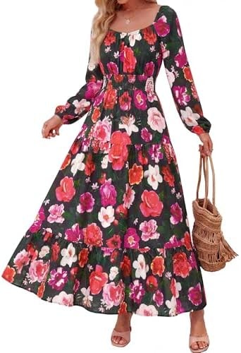 BTFBM Long Sleeve Dress for Women 2026 Spring Fall Boho Floral Square Neck Casual Flowy Long Wedding Guest Maxi Dresses(Floral Black Multi, Large)