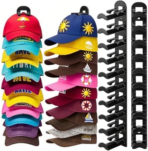 Yonsya 2 Pack Hat Hook Organizer for Baseball Caps, Hat Hanger Holder for 20 Caps, Wall Hat Rack with Strong Adhesive, Multilayer Cap Storage Hooks for Closet Door and Bedroom (Style B-Black)