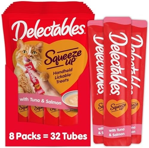 Delectables Squeeze Up Creamy Squeezable Puree, Lickable Wet Cat Treats, Grain Free, No Added Fillers, No By-Products, No Added Preservatives, 0.5 Ounces Tuna & Salmon, 32 Tubes Total