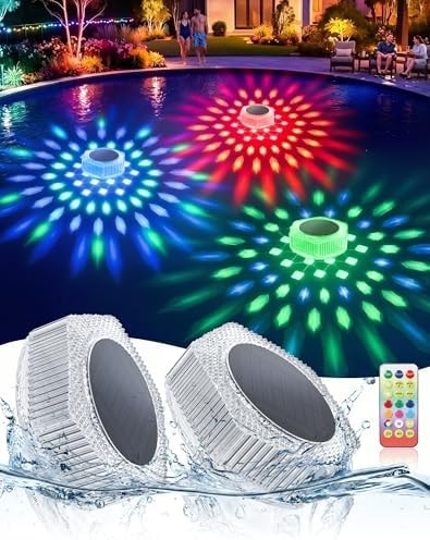 BUCASA Solar Floating Pool Lights, 2 Pack RGB LED Pool Lights with Remote, IP68 Waterproof Solar Powered Pool Lights for Inground/Above Ground Pools, Pond, Party Decor, Static & Dynamic Modes, Timer