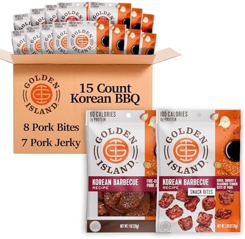 Golden Island Korean BBQ Variety Pack - (15 Pack) 8 Pork Snack Bites and 7 Pork Jerky - Korean Barbecue Protein Snacks - Up to 8g Protein per Serving - Gluten Free