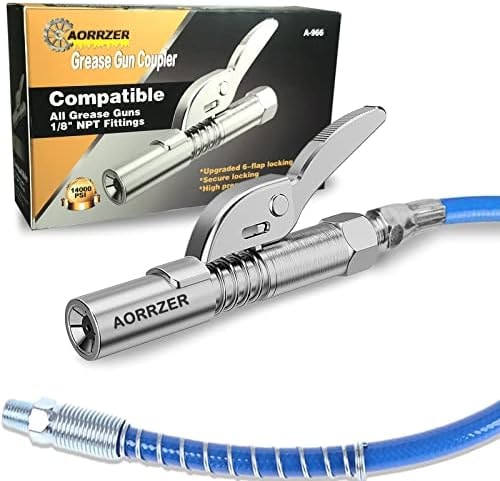 AORRZER Grease Gun Coupler, Strong Lock on Greases Gun Couplers, 12000 PSI Quick Release Grease Coupler with 12" Spring Flex Hose, Compatible with All Grease Guns 1/8" NPT Grease Gun Fitting(1 PCS)