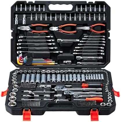 VEVOR Mechanics Tool Set, 314-Piece Mechanic Tool Kit, 1/4 in, 3/8 in, and 1/2 in Drive, Metric Socket Set, Wrenches, Screwdriver Bits, Accessories, and Storage Case, for Automotive and Home Repair