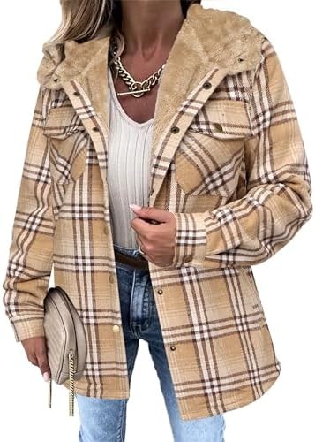 Zeagoo Hooded Shacket Jacket Women Fashion Plaid Flannel Shirts Fleece Lined Long Sleeve Button Jackets Sherpa Coats Winter Fall Outfits