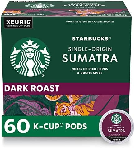 Starbucks K-Cup Coffee Pods, Dark Roast Coffee, Sumatra for Keurig Brewers, 100% Arabica, 6 boxes (60 pods total)