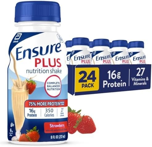 Ensure Plus Strawberry Nutrition Shake | Meal Replacement Shake | Ready To Drink | 16g Protein and 27 Vitamins and Minerals | 8 fl oz - 24 Pack