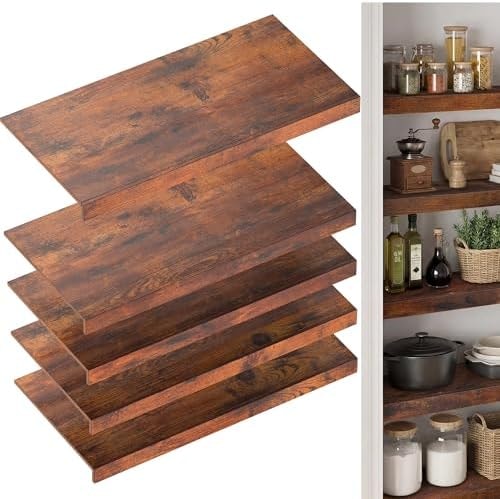 Wire Shelf Covers for Pantry, Premium Engineered Wood Shelf Covers for Wire Shelving, Wire Rack Covers for Closet, Laundry Room, Easy Assembly, Rustic Brown (5pcs, 24" W x 12" D), Patent Pending