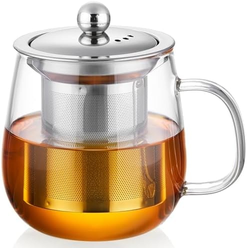 DOPUDO Glass Tea Cup with Infuser and Lid, 14.5oz/450ml Large Borosilicate Glass Teacup with Stailess Steel Filter, Clear Mug for Loose Leaf Blooming Tea, Dishwasher Safe - Tea Maker Gift.